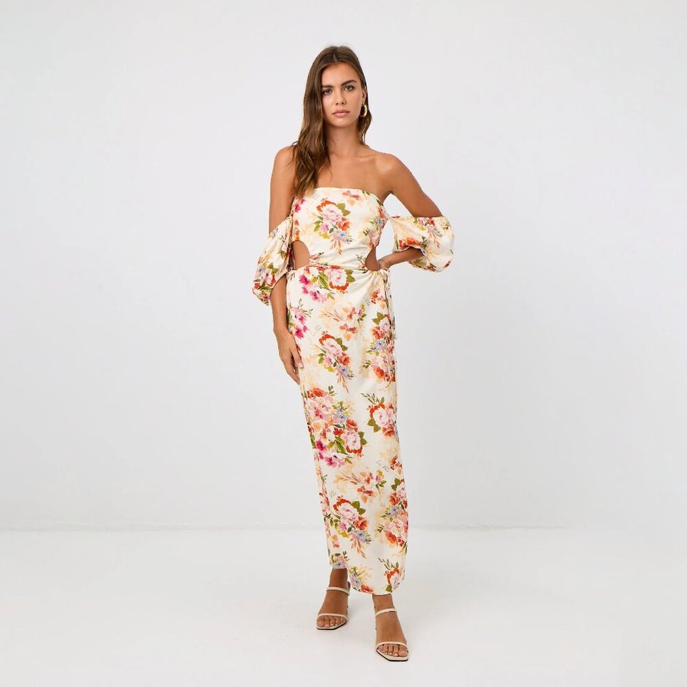 LaPorte Detachable Sleeve Linen Maxi Dress Peach Floral Size XS NEW NWT
